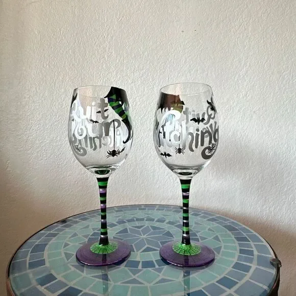 Set of 2 quit your witching Hand painted wine glasses Halloween