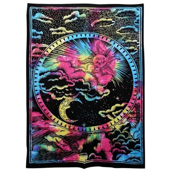 Majestic Sky Tapestry Wall Hanging Sun Moon Clouds Celestial Tie Dye 52x82