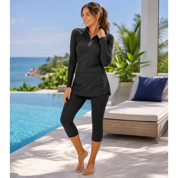 Coolibar Womens Black Skapri Skirted Capri Leggings UPF 50+ Sun Protection Sz M