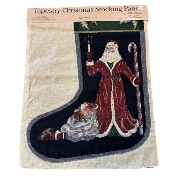 Vintage USA Christmas Old‎ World Santa Stocking Jacquard Tapestry Panel NEW