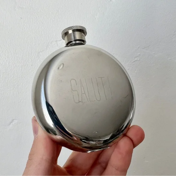 Isola Salut! Polished Stainless Steel 3oz round modern HIP FLASK pocket flask