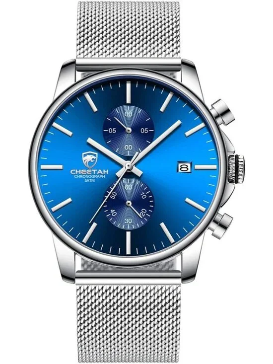 Men's Silver Blue Quartz Analog Mesh Strap Stainless Steel Chronograph Watch