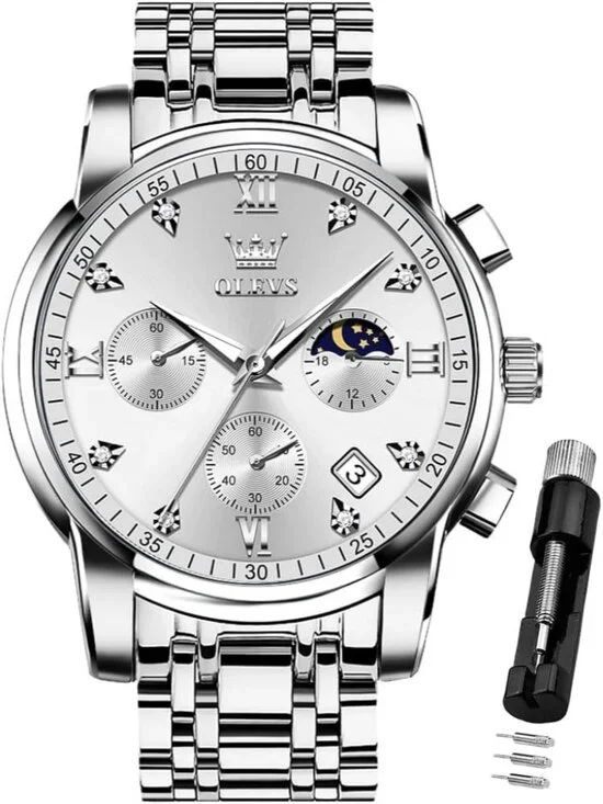 Mens Silver Diamond Classic Analog Quartz Stainless Luminous Round Classic Watch