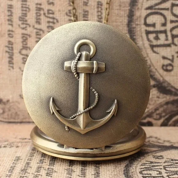 Anchor Design Vintage Bronze Pocket Watch with Chain Necklace Unique