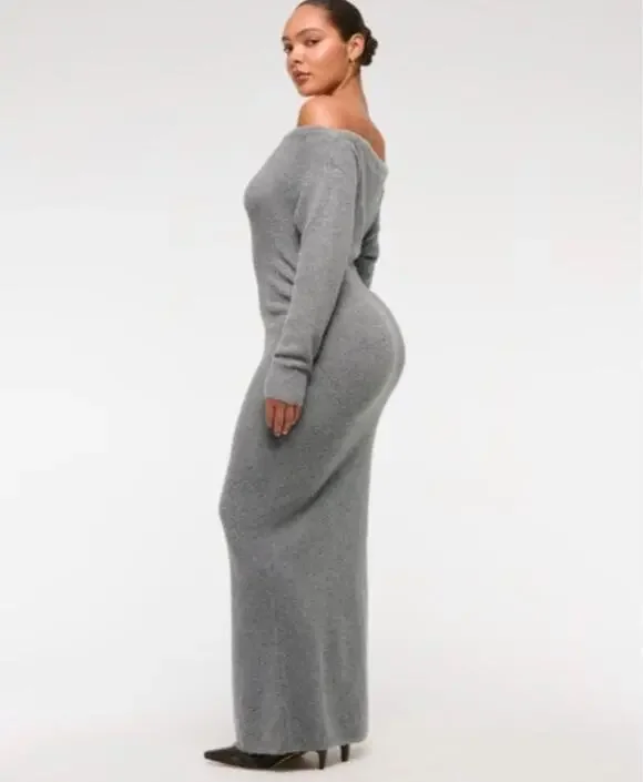 NWT Abercrombie & Fitch Boucle Off Shoulder Gray Maxi Sweater Dress Long Sleeve