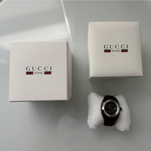 Gucci Swiss Made Black Stainless Steel & Rubber Watch Preloved Boxed Monogram