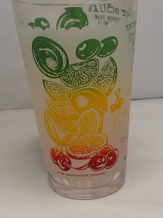 Vintage A Mr. Bartender Original Glass with Cocktail Recipes - Green/Yellow/Red