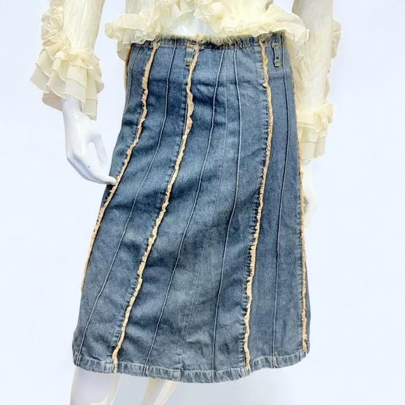 Fibbie Denim Midi Skirt Distressed Paneled Raw Hem Y2K‎ Low Rise Womens S