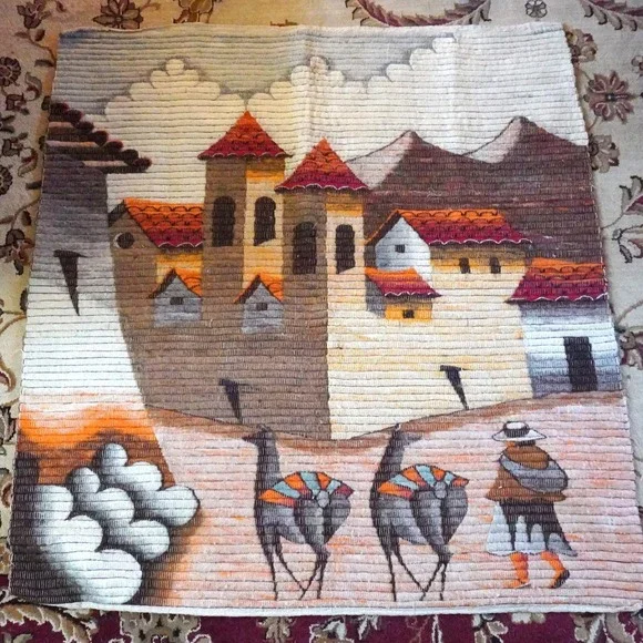 VTG Peruvian Andes Woven Tapestry Wall Hanging Village Scene‎ Llamas Figure