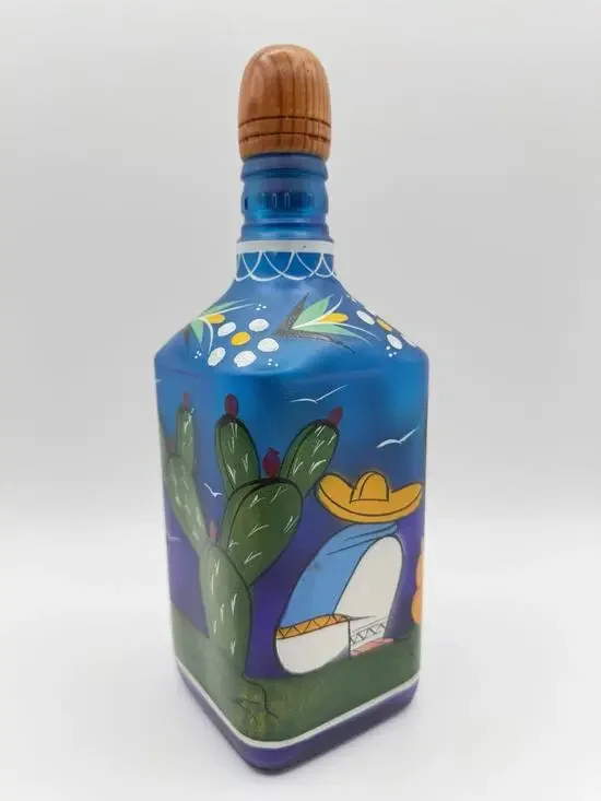 Blue Frosted Glass Siesta Sleeping Man Bottle 10” Hand Painted Bar Decor Mexico