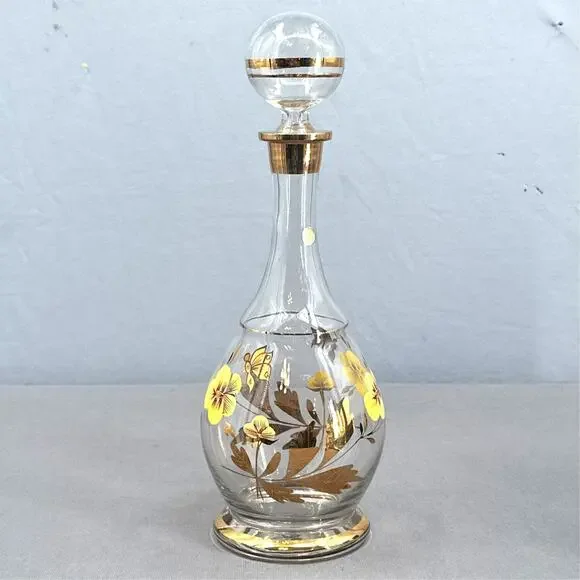VTG Wine Decanter 15 Floral Hand Painted Romanian Crystal Gold Yellow MCM Carafe