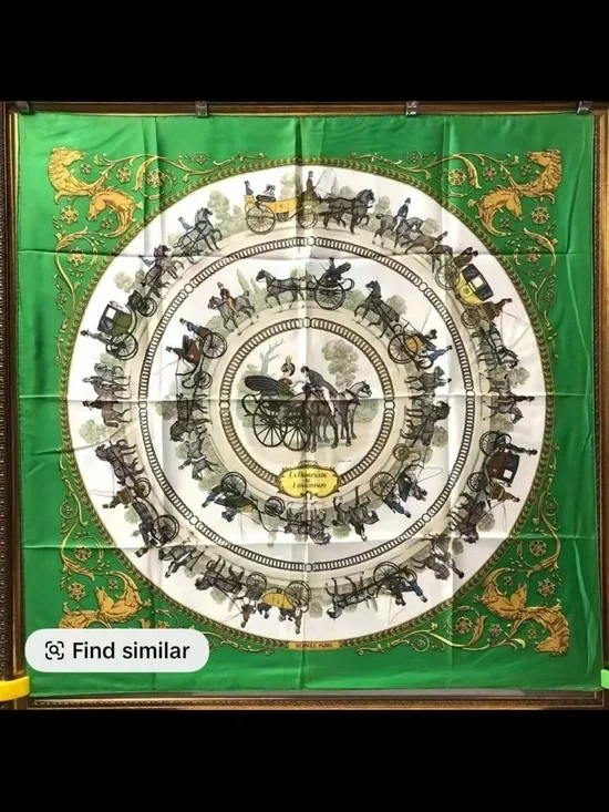 Hermes Green, White and Gold Carriage Motif Wall Tapestry