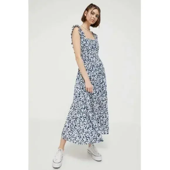 abercrombie &‎ fitch blue floral ruffle sleeve maxi dress