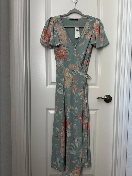 Abercrombie & Fitch Women’s S Green Pink Floral Chiffon Wrap Maxi V-Neck Dress