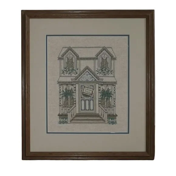 Vintage Needlepoint Welcome Friends Victorian House Embroidery Handmade Framed