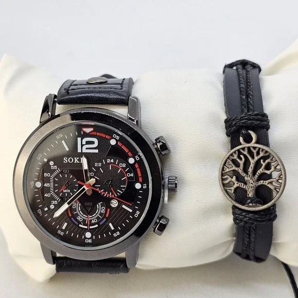2PC Men's Watch Bracelet Set 45MM Black Dial Date Black‎ Leather Bands Working