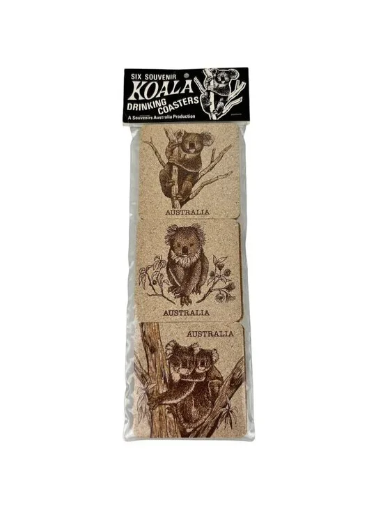 Australia Souvenir Koala Bear Cork Drinking Coasters Set 6 NIP Vintage Barware