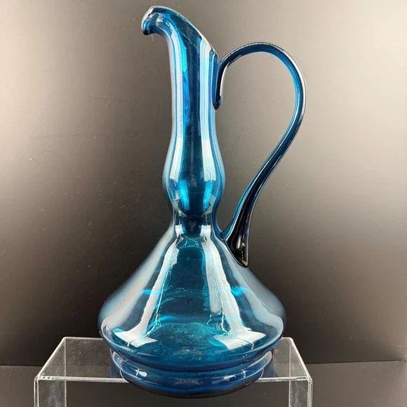 Vintage Blue Art Glass Pitcher Hand Blown 13