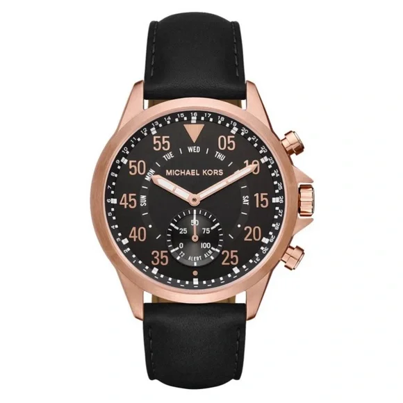MICHAEL KORS • Black Leather Access Gage Rose Gold Hybrid Smart Watch
