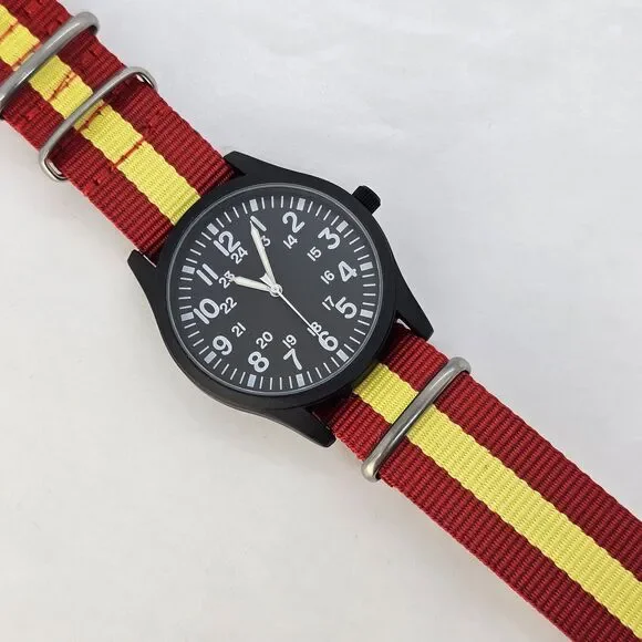 Men's Field Watch‎ 42MM Black Dial Black Case Red Yellow Canvas Band Strap
