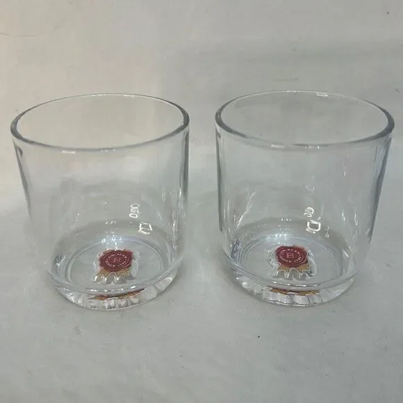 Jim Beam Rocks Glasses 8 Oz Each 3 1/2 In Tall 3 In Round Set 2 Red Gold Logo