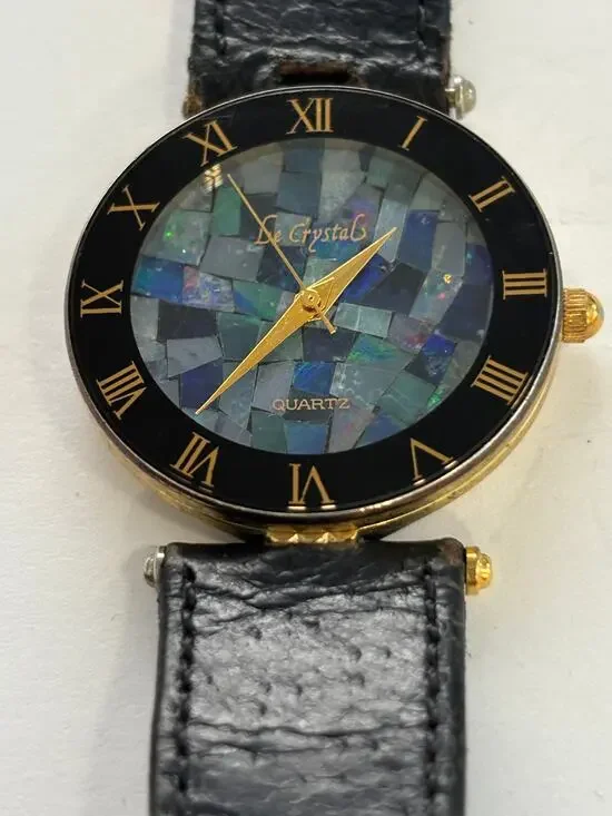 Vintage Gold Tone Watch Black Opal Mosaic Dial