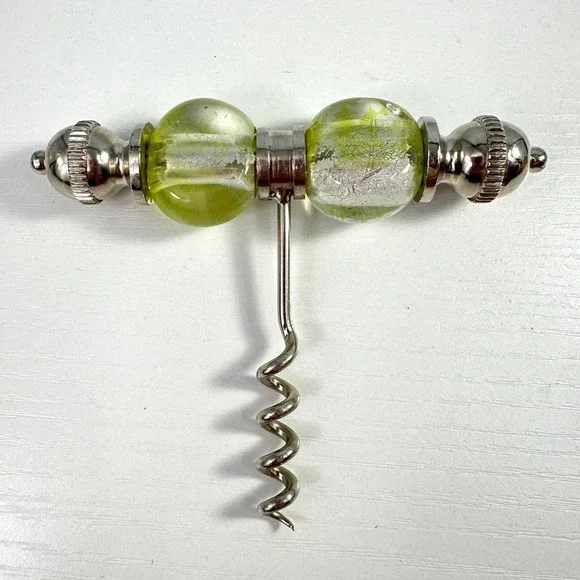 Murano Style Glass Corkscrew Chartreuse Green Silver Foil T-Handle Barware