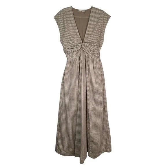 Abercrombie & Fitch L Tall Twist Bodice Maxi Dress Tan Plaid Smocked Back V-Neck