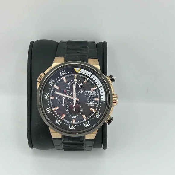 Citizen Mens B612-s084334 Eco-drive Chronograph Watch Black Dial Gold Case 1002