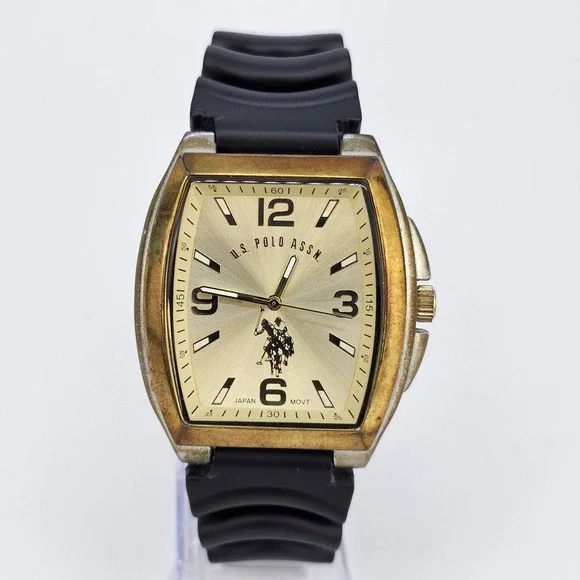 US Polo Assn Men's Watch 42mm Gold Dial Case New Black Platic Bands New‎ Battery