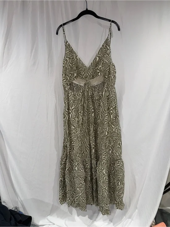 Abercrombie & Fitch Dress Maxi Olive Patterned Spaghetti Strap Cut Out XXL
