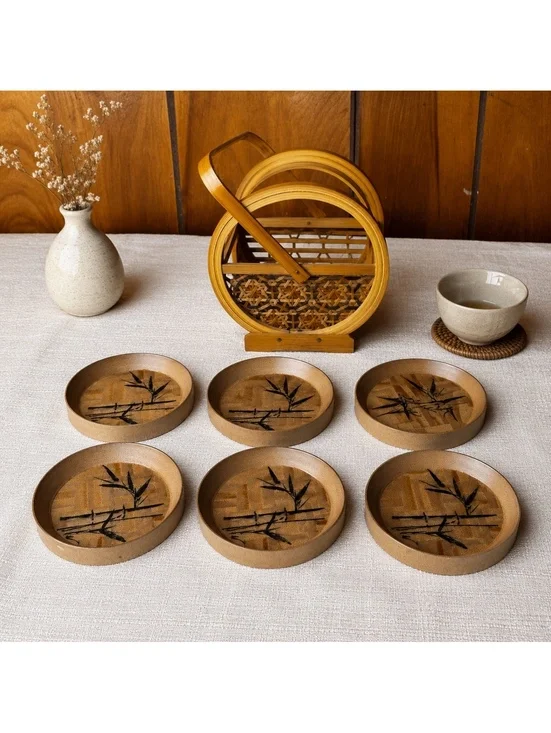 Vintage Bamboo Coaster Set of 6 With Handled Holder Asian Bamboo Design