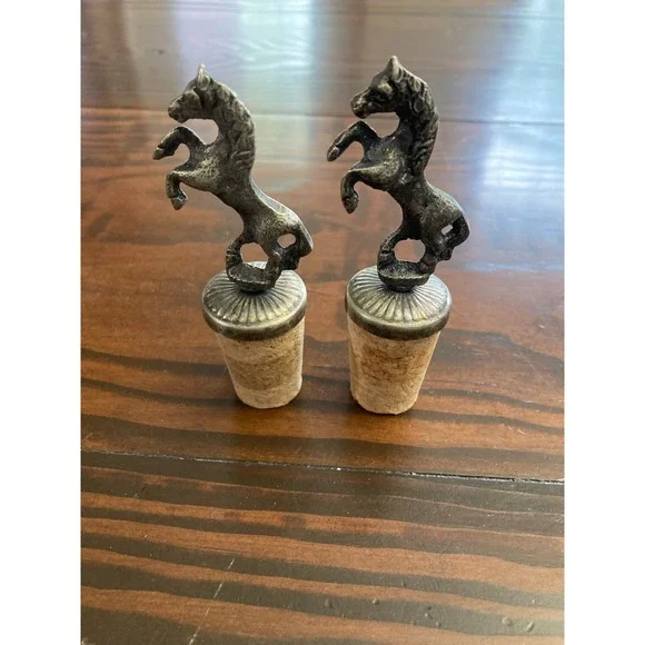 Set of 2 Vintage Pewter Horse Rearing Stallion Figure Wine Bottle Cork Stopper