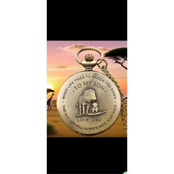 🦁 To My Son Pocket Watch – Lion & Cub – From Dad – Sentimental Gift – Quartz
