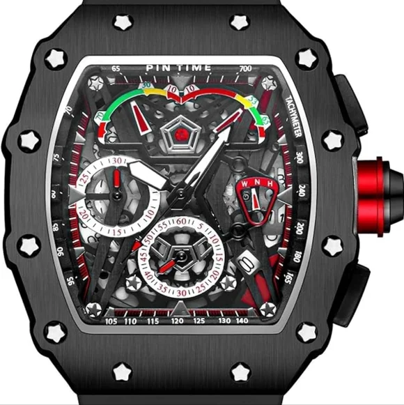 PINTIME Mens Watch Chronograph Wristwatch‎ Black Red Huge Needs Battery