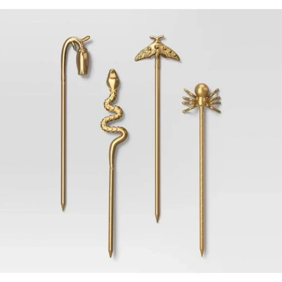 Threshold Gold Cocktail Picks 4 Piece Set Snake Moth Spider Stainless Steel NEW