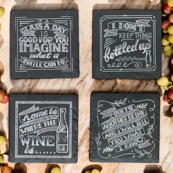 Set of 4 Black Slate Wine Barware Coasters Novelty Print Sayings With Felt Pads