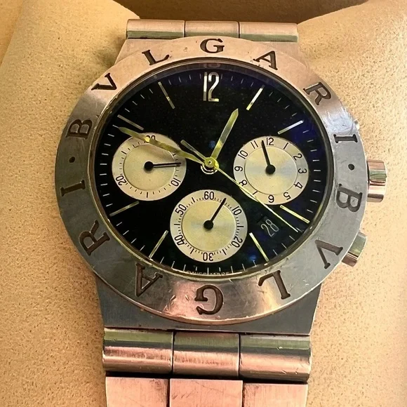 BVLGARI Chronograph Stainless Steel Black Dial Men's Watch with Box