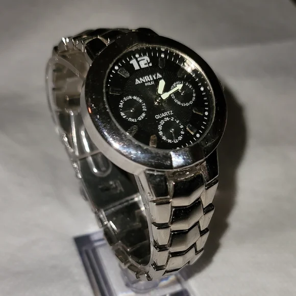 Anrya‎ Milan Mens Silver Watch Black Face 3 Decorztove Sub-Dials