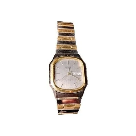 Vtg Sharp Mens Watch 80s Tank Quartz‎ Silver Gold 2 Tone Day & Date Waterproof