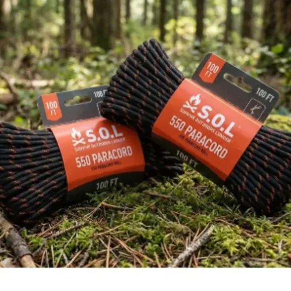 2 Pack S.O.L. Survive Outdoors Longer 550 Paracord 100ft Black Nylon Rope