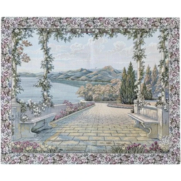 Vintage Woven Tapestry Wall Hanging Lake Idyll Floral Cottagecore Wall Art 39.5