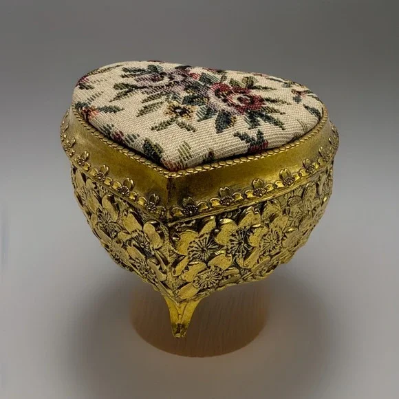 Vintage Floral Tapestry Jewelry Trinket Box Japan Brass Gold Tone Needlepoint