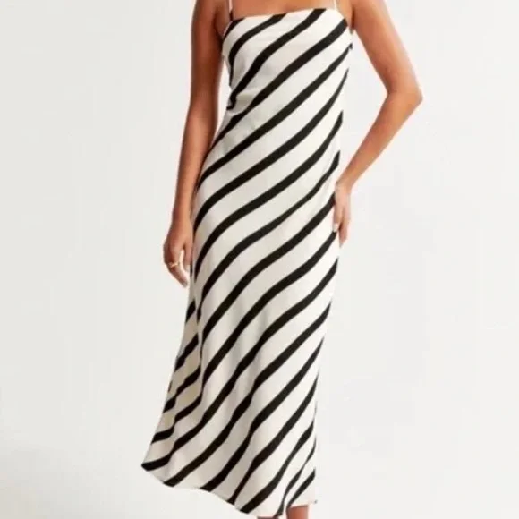 NWT Black and White Striped Satin Slip Maxi Dress size Medium Tall