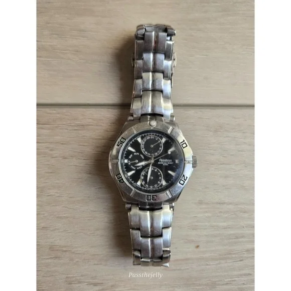 Armitron Watch Mens Multifunction Day Date Black Dial Steel Quartz vtg USA