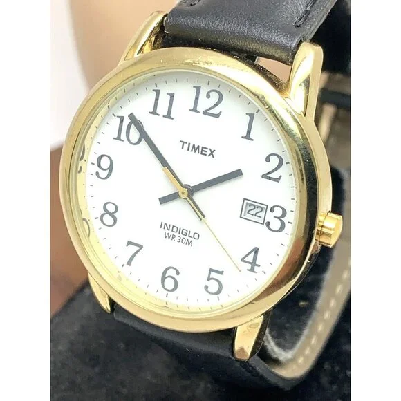 Timex Men's Watch T2H291 Quartz Indiglo Gold White Dial Black Leather Band 35mm
