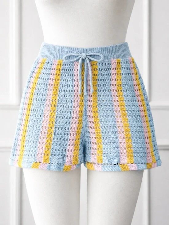 NWT Abound Blue Mustard Boho Open Knit Stripe Crochet Drawstring Shorts