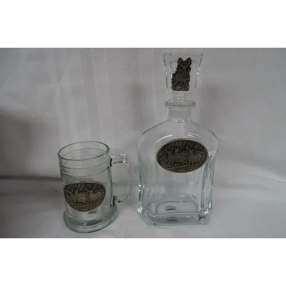 Heritage Metal Fine Pewter Doe & Buck Decanter and Mug