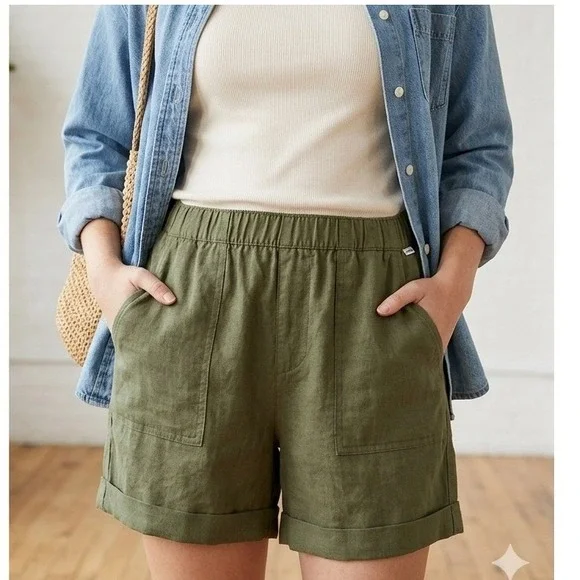 Old Navy Womens High Rise Linen Blend Pull On Shorts Olive Green Large