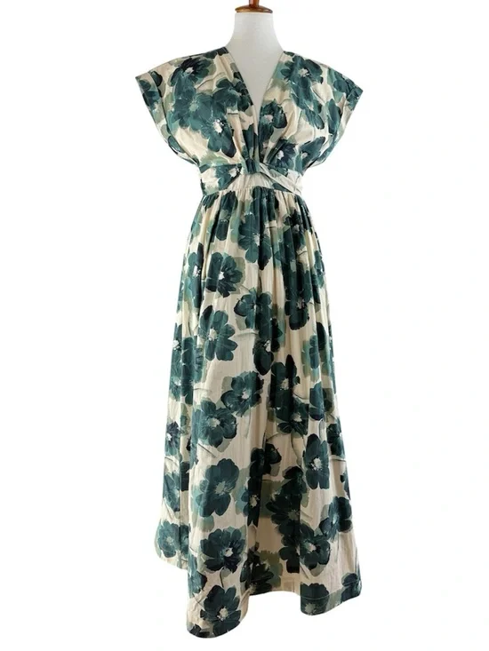 Abercrombie & Fitch Cream & Teal Green Floral V-Neck Maxi Dress NWT